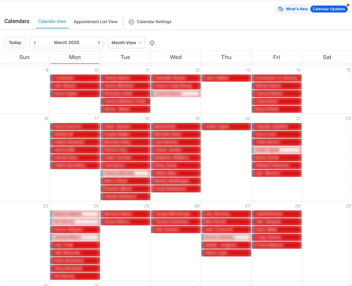 Client booking calendar, March 2025, full of booked consults