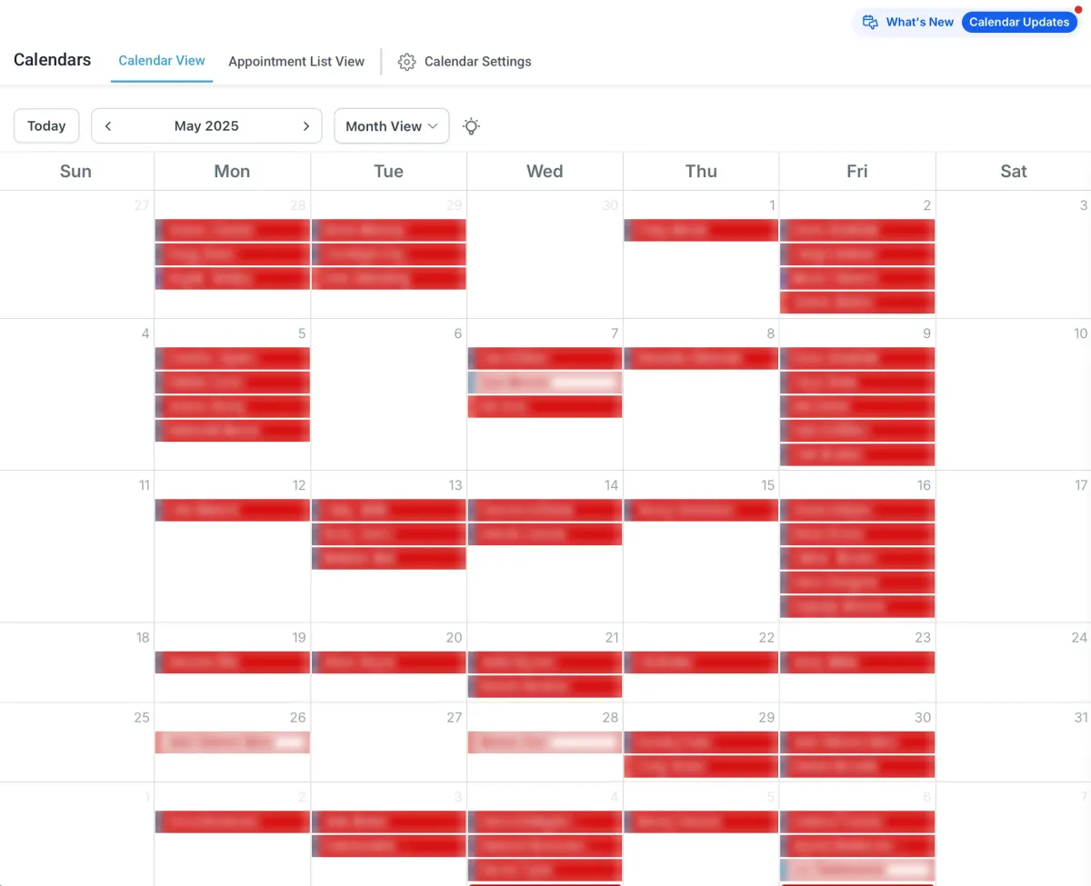 Client booking calendar, May 2025, full of booked consults