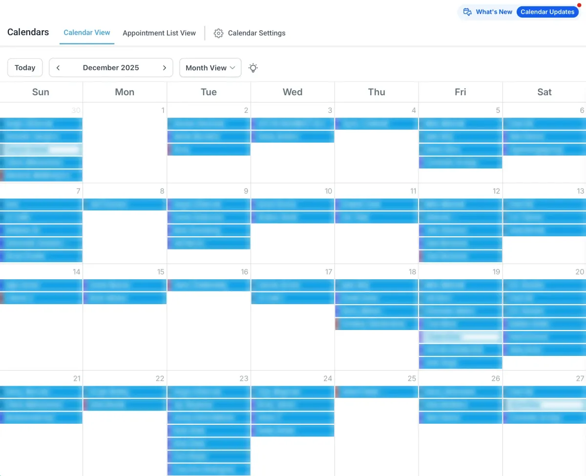Client booking calendar, December 2025, full of booked consults